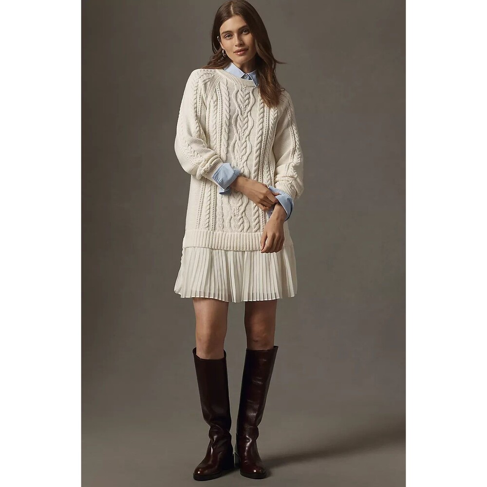 Anthropologie Delphine Sweater Twofer Mini Dress Eggnog Cable Knit Pleated M - Picture 1 of 9